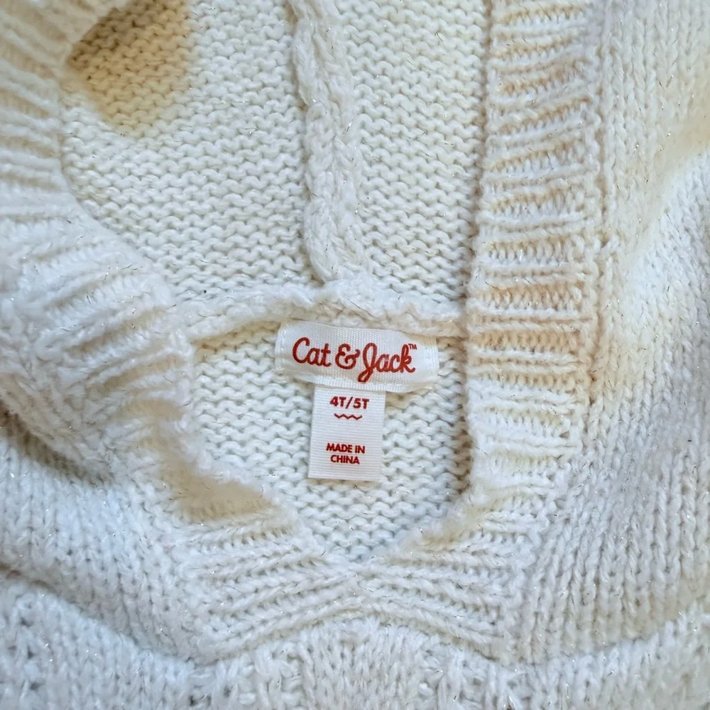 Cat & Jack Cozy Cable Knit Cream Toddler Hoodie with Pom Pom Sz 4T/5T